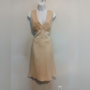 WHBM Silk & Satin Champagne Chiffon Midi Dress V Neck Open Back Fit & Flare